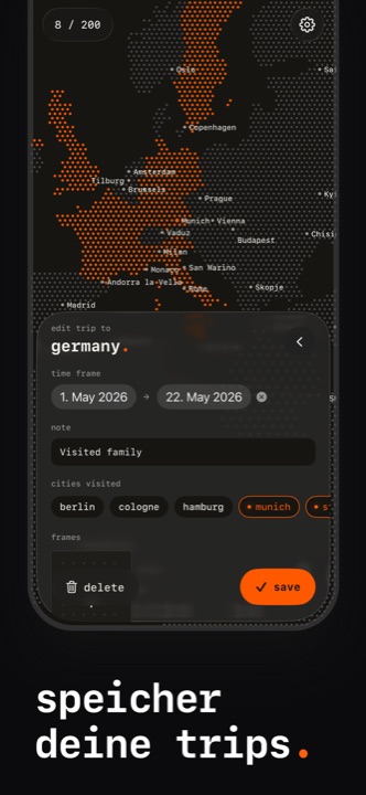App Store screenshot: speicher deine trips.