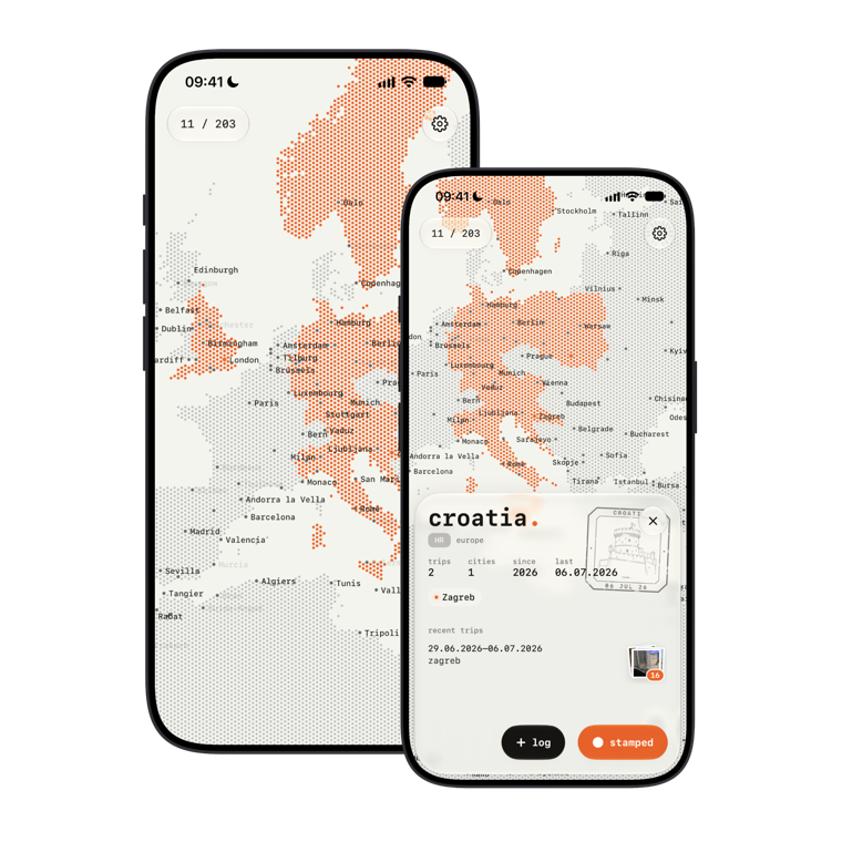 two iPhones: the dotted map of Europe, and the record for Croatia.