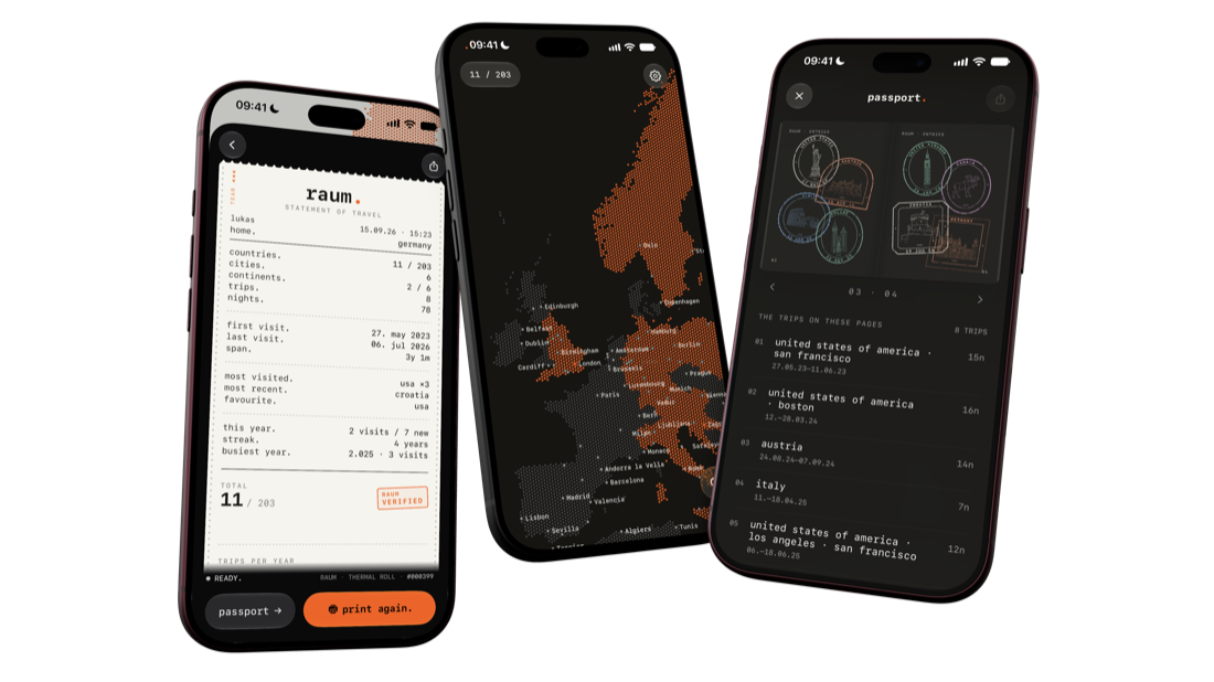 three iPhones showing the statement, the map and the passport in dark mode.