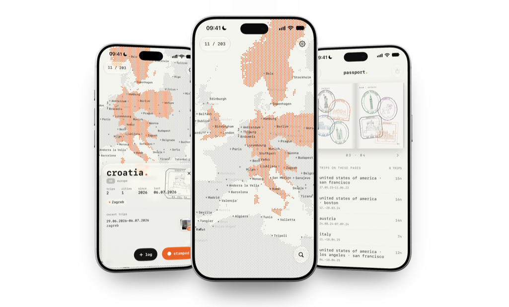 three iPhones showing the country sheet, the map and the passport in light mode.