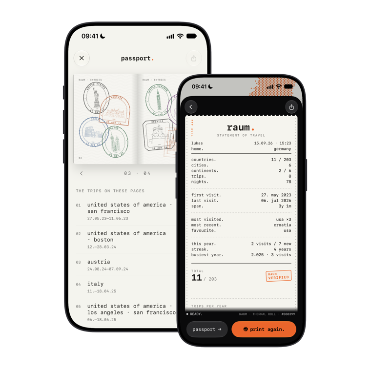 two iPhones: the passport with its stamps, and the statement of travel.